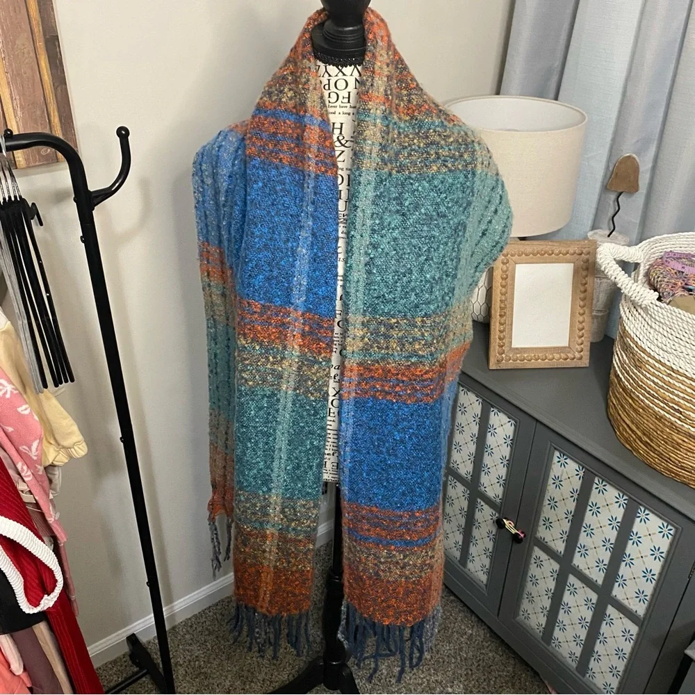 746 ruggine Colorful Plaid Knit blanket Scarf fringe rainbow plush
